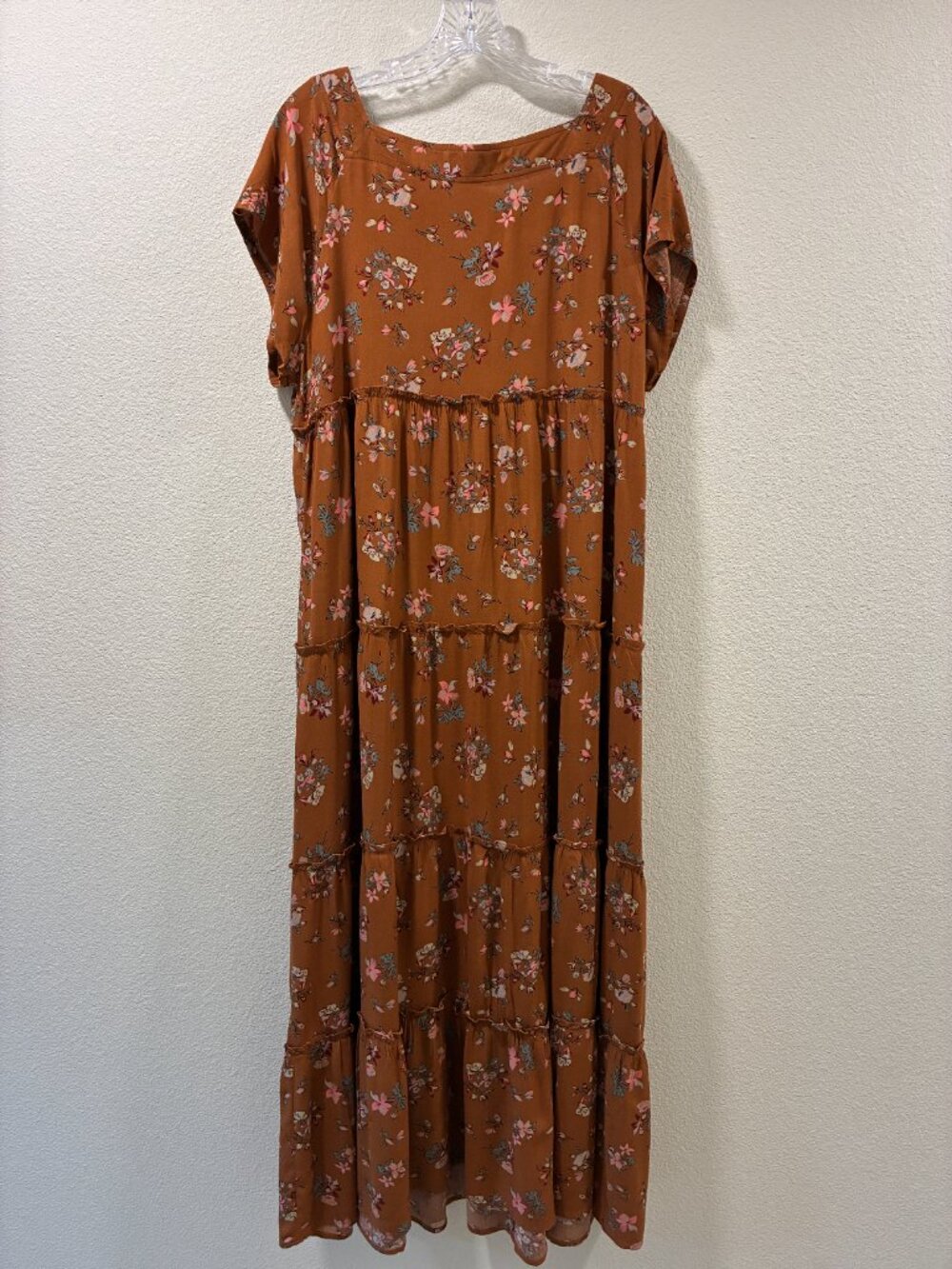 NATURAL LIFE Short Sleeve Tiered Maxi Dress Floral Brown/Pink/Burgundy Women L - Picture 2 of 7